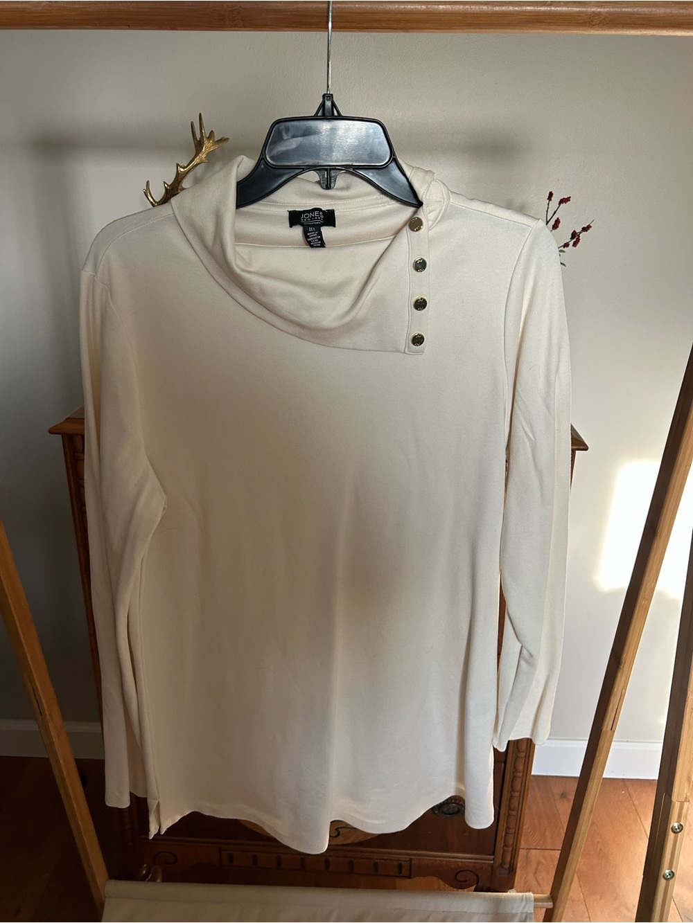 Jones New York Cream Long-Sleeve Cowl Neck Top with Button Detail